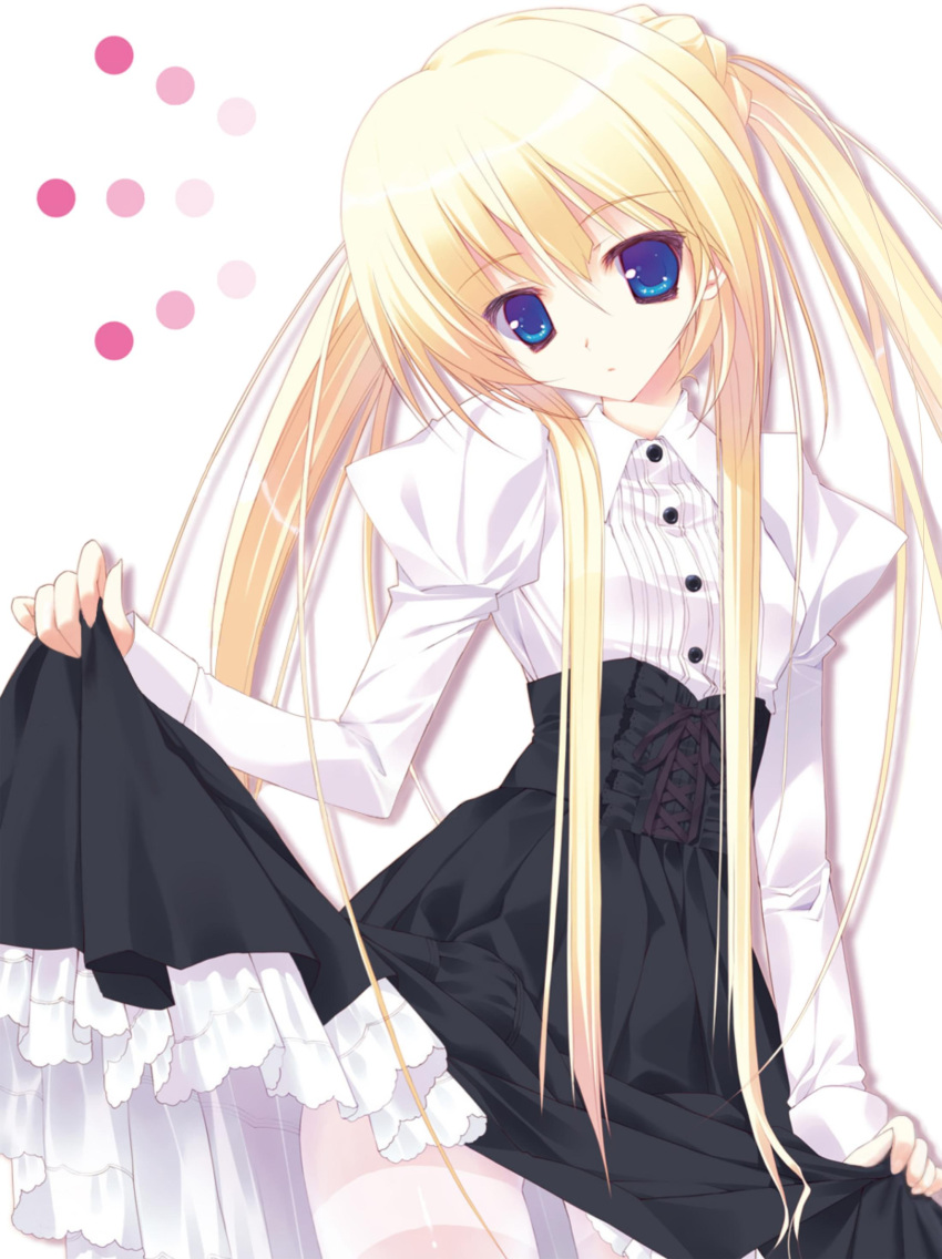 absurdres blonde_hair blue_eyes clothes_lift detexted famima! female highres long_hair pantyhose sabrina_(famima!) skirt skirt_lift solo third-party_edit tsurusaki_takahiro twintails very_long_hair white_pantyhose