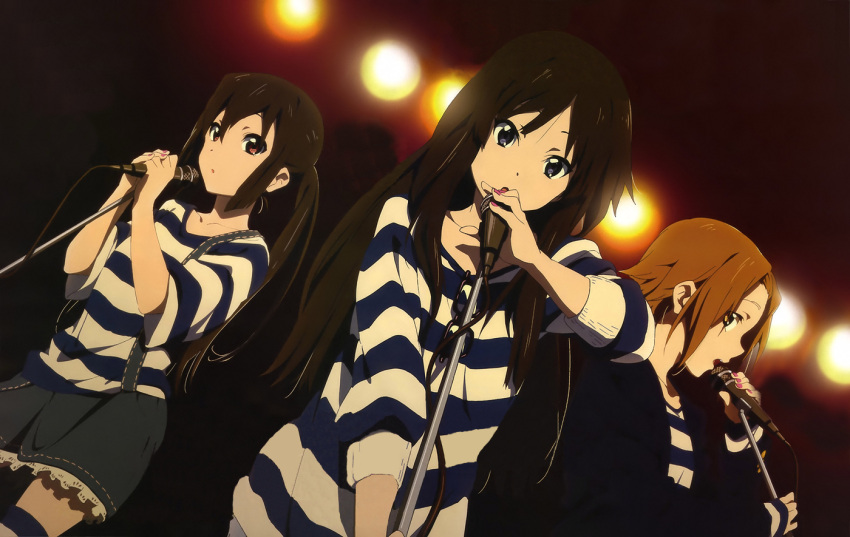 3girls akiyama_mio black_eyes black_hair brown_eyes brown_hair imageboard_desourced k-on! microphone microphone_stand multiple_girls nakano_azusa non-web_source official_art scan short_hair striped_clothes striped_thighhighs tainaka_ritsu thighhighs twintails utsumi_hiroko