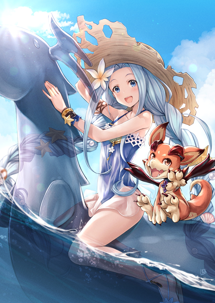 bare_shoulders blue_eyes blue_hair blue_one-piece_swimsuit bracelet creature female flower gladiator_sandals granblue_fantasy hair_flower hair_ornament hand_on_headwear hat highres inflatable_toy jewelry kamishiro_mai_(capti-no) long_hair lyria_(daughter_of_pearl)_(granblue_fantasy) lyria_(granblue_fantasy) ocean one-piece_swimsuit sandals solo_focus straw_hat summer sun_hat swimsuit very_long_hair vyrn_(granblue_fantasy)