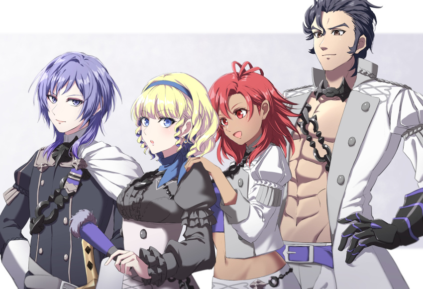 2boys 2girls :d abs balthus_von_albrecht black_hair black_shirt blonde_hair blue_eyes blue_hairband border brown_eyes coat colored_inner_hair constance_von_nuvelle crop_top dark-skinned_female dark_skin dress_shirt drill_hair fire_emblem fire_emblem:_three_houses garreg_mach_monastery_uniform gauntlets gradient_background grey_background hair_over_shoulder hairband hand_on_another's_shoulder hand_on_own_hip hapi_(fire_emblem) highres holding jacket letterboxed lolita_fashion long_hair long_sleeves midriff multicolored_hair multiple_boys multiple_girls navel open_clothes open_coat open_jacket purple_hair red_eyes red_hair shinae shirt short_hair short_hair_with_long_locks side_cape smile standing stomach straight_hair twin_drills two-tone_hair underbust white_border white_coat white_jacket yuri_leclerc