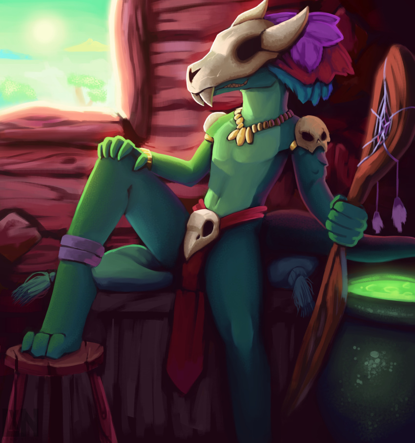 2022 3_toes absurd_res anthro barefoot bone bottomwear clothed clothing digital_media_(artwork) feet green_body grin hi_res humanoid inside lennoxicon lihzahrd lizard loincloth male mask navel reptile scalie sitting skull skull_mask smile solo terraria toes witch_doctor_(terraria)