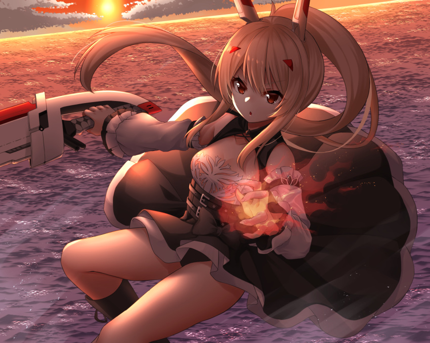 ako_suke ayanami_(azur_lane) ayanami_(nightfall_raiment)_(azur_lane) azur_lane belt black_panties blonde_hair boots cloud cloudy_sky commentary_request detached_sleeves female fire hair_ornament hairclip headgear holding holding_sword holding_weapon long_hair looking_at_viewer ocean orange_eyes panties pantyshot ponytail retrofit_(azur_lane) shade sky solo sun sword twilight underwear weapon