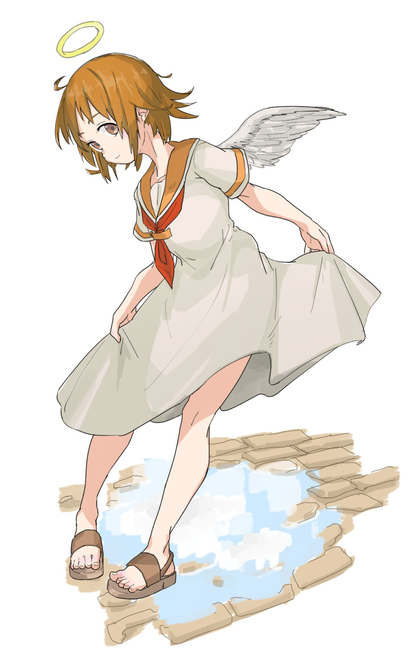 angel angel_wings brown_eyes brown_hair dress feathered_wings female full_body haibane_renmei halo highres looking_at_viewer messy_hair neckerchief nmgv orange_sailor_collar rakka_(haibane) red_neckerchief sailor_collar sandals short_hair short_sleeves simple_background skirt_hold smile solo standing static_cling white_background white_dress wings