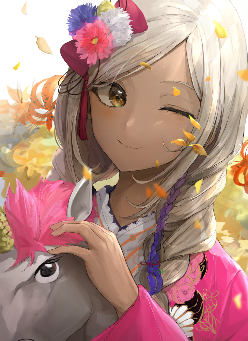 absurdres braid brown_eyes chan1moon dark-skinned_female dark_skin female flower hair_flower hair_ornament highres hololive hololive_english horse_mask long_hair mask official_alternate_costume one_eye_closed petals smile tsukumo_sana tsukumo_sana_(1st_costume) tsukumo_sana_(new_year) twintails unworn_mask virtual_youtuber white_hair