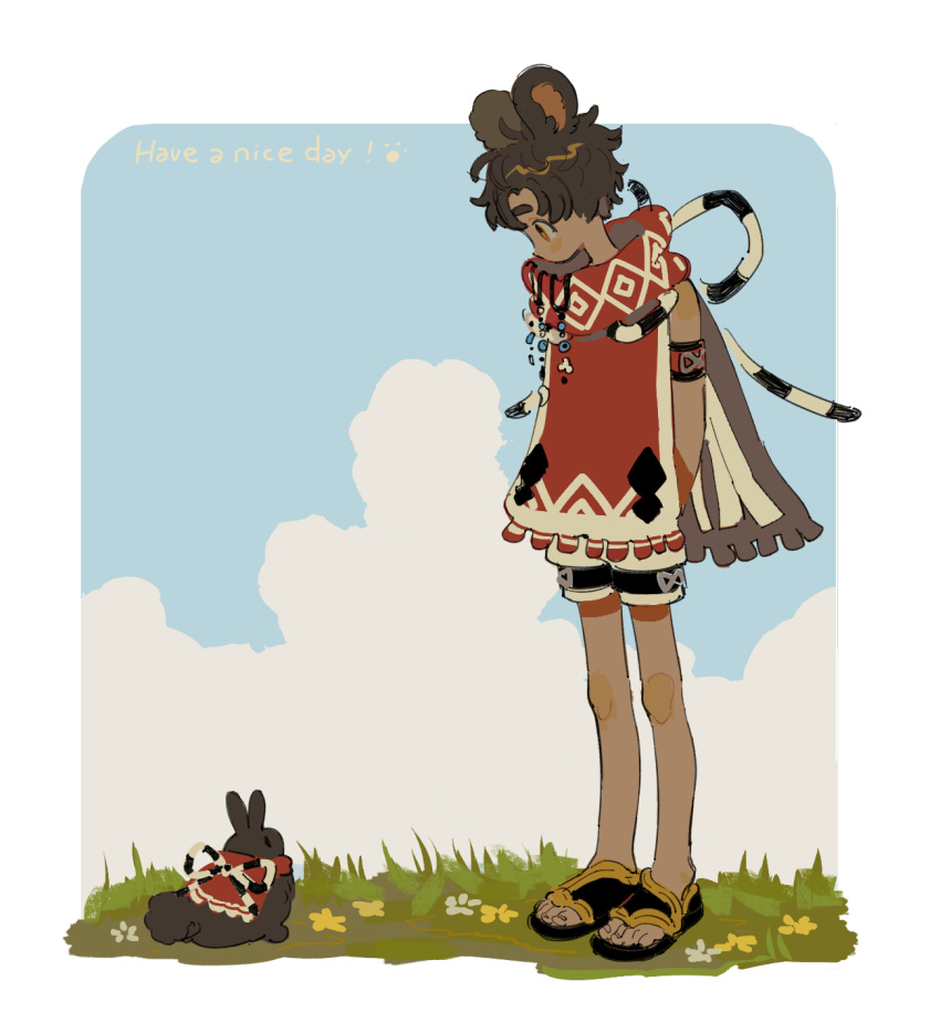 1boy animal animal_ears armlet bare_arms bare_legs bare_shoulders black_footwear black_shorts blue_flower blue_sky border borrowed_character bow brown_eyes brown_hair chinese_commentary closed_mouth cloud cloudy_sky commentary_request creature_and_personification dark-skinned_male dark_skin day english_text expressionless flower fringe_trim from_side full_body grass guu_(hakahonoo) high_collar highres looking_at_animal looking_down male_focus original outdoors outside_border parted_bangs patterned patterned_clothing profile rabbit rabbit_ears rounded_corners sandals shorts sky sleeveless solid_oval_eyes standing tareme thick_eyebrows toes white_border white_flower yellow_flower