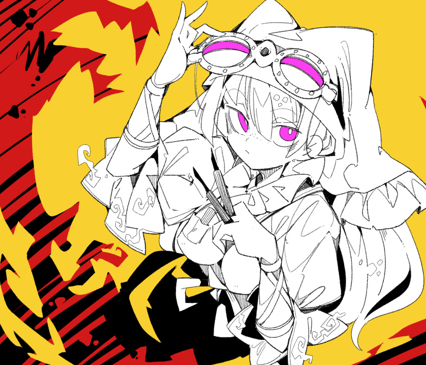 aura breasts bright_pupils doguu female goggles goggles_on_head hands_up haniyasushin_keiki head_scarf highres holding limited_palette long_hair looking_at_viewer massakasama medium_breasts puffy_short_sleeves puffy_sleeves purple_eyes short_sleeves solo spot_color tools touhou upper_body white_pupils yellow_background