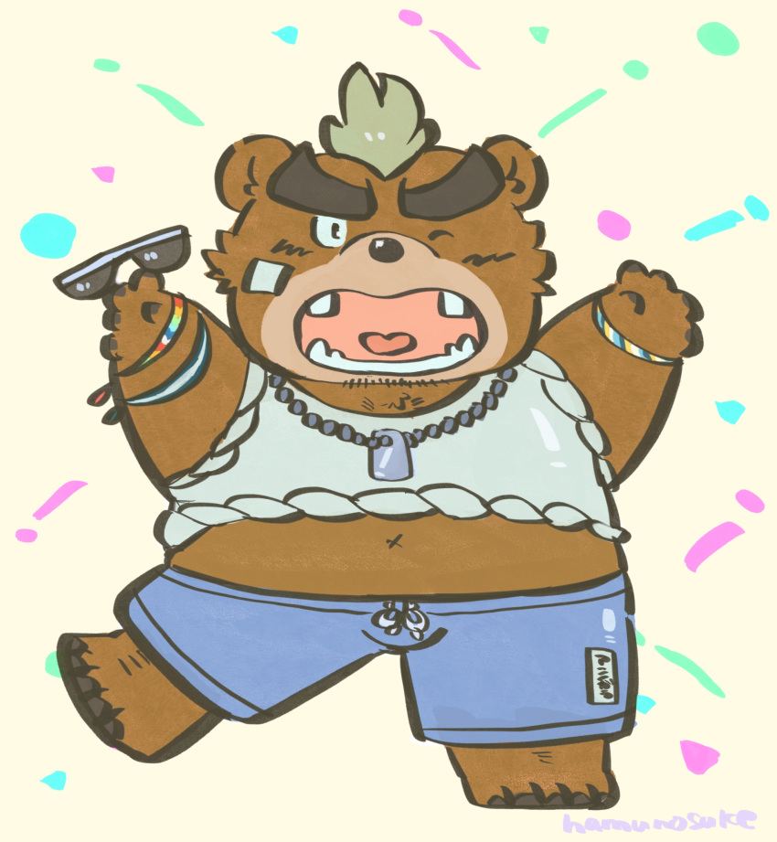 anthro ashigara_(tas) bear belly bottomwear brown_body brown_fur buta5kawa chibi clothed clothing eyewear fully_clothed fur hi_res kemono lifewonders male mammal navel one_eye_closed shirt shorts slightly_chubby solo sunglasses tokyo_afterschool_summoners topwear wink