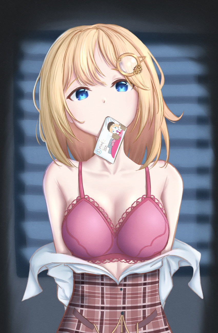 absurdres arms_behind_back bad_id bad_pixiv_id bare_shoulders blonde_hair blue_eyes bob_cut bra breasts brown_skirt cleavage collarbone commentary coupon female free_sex_sign hair_ornament highres hololive hololive_english indoors lace-trimmed_bra lace_trim looking_at_viewer medium_breasts medium_hair monocle mouth_hold pink_bra plaid plaid_skirt quinn_(eg_bread) shirt shirt_tucked_in skirt solo underwear unworn_clothes virtual_youtuber watson_amelia watson_amelia_(1st_costume) white_shirt window_blinds