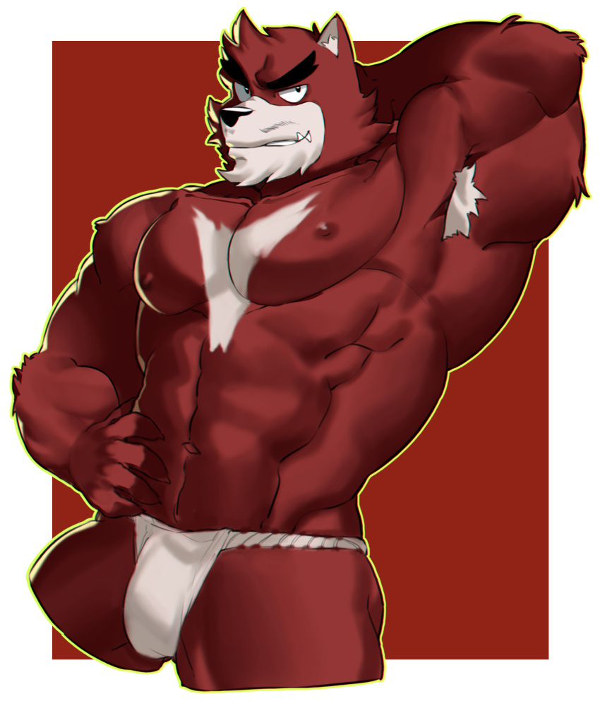 1boy abs armpit_hair armpits bakemono_no_ko bara bear_boy brown_fur bulge chest_hair cropped_legs fundoshi furry furry_male highres japanese_clothes kumatetsu large_pectorals looking_at_viewer male_focus muscular muscular_male navel nipples pectorals red_fur solo stomach strongman_waist thick_eyebrows thick_thighs thighs topless_male ttn_(239_239) tusks underwear underwear_only