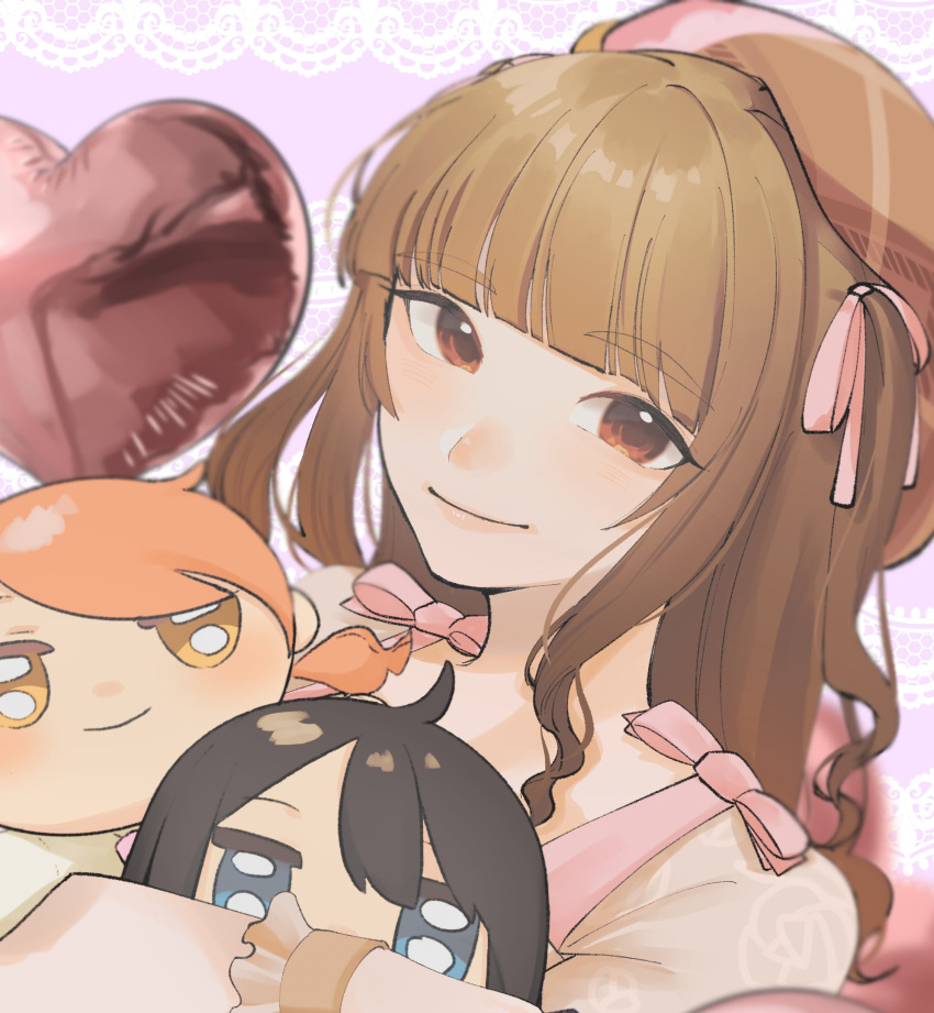 alternate_hairstyle balloon beret bishi_a_(b_a1210) blunt_bangs brown_hair character_doll female hat heart_balloon highres hojo_karen hugging_doll hugging_object idolmaster idolmaster_cinderella_girls kamiya_nao looking_at_viewer patterned_background shibuya_rin smile thick_eyebrows upper_body wavy_hair