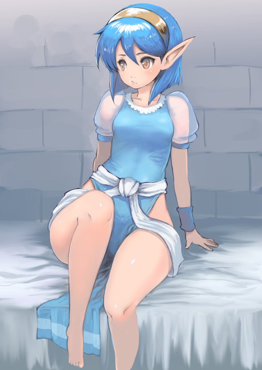 bad_feet bare_legs barefoot bed_sheet blue_dress blue_hair breasts brick_wall climax_entertainment closed_mouth collarbone dress female hair_between_eyes hairband highres johan_(johan13) landstalker:_koutei_no_zaihou looking_away no_panties orange_eyes pelvic_curtain pointy_ears princess_rolia puffy_short_sleeves puffy_sleeves see-through see-through_sleeves short_hair short_sleeves side_slit small_breasts solo wristband yellow_hairband