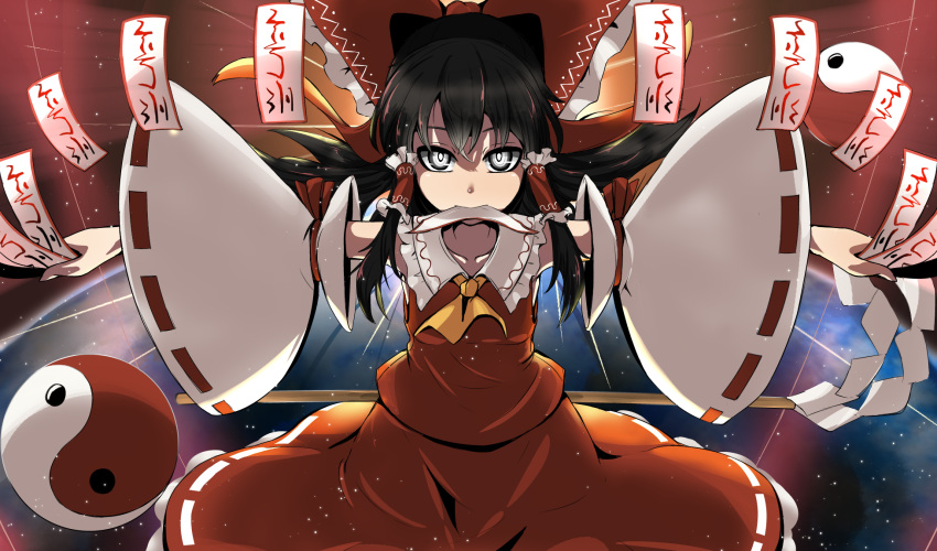 black_hair bow bright_pupils commentary_request detached_sleeves earth_(planet) epic_armageddon female gohei grey_eyes hair_tubes hairbow hakurei_reimu highres long_sleeves looking_at_viewer neck_ribbon nontraditional_miko ofuda orb outstretched_arms planet red_bow ribbon shirt sidelocks sleeveless sleeveless_shirt solo space touhou white_pupils wide_sleeves yin_yang yin_yang_orb