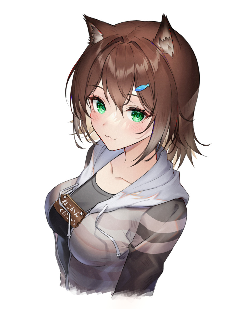 :3 absurdres animal_ear_fluff animal_ears black_shirt blush breasts brown_hair cat_ears closed_mouth collarbone commentary female fish_hair_ornament fumino_tamaki fumino_tamaki_(1st_costume) green_eyes hair_ornament highres hood hood_down hooded_jacket jacket large_breasts long_sleeves looking_at_viewer myske_(myst34415756) nijisanji open_clothes open_jacket shirt short_hair sign sign_around_neck smile solo striped_clothes striped_jacket translation_request upper_body virtual_youtuber white_background