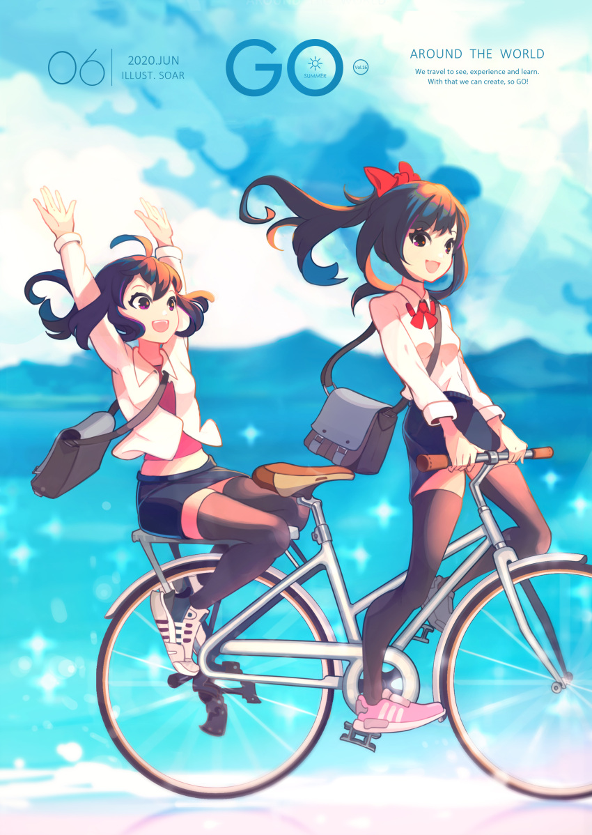 2girls absurdres arms_up bicycle black_hair black_legwear blush bow day hairbow highres long_hair medium_hair multiple_girls open_mouth original outdoors pink_footwear ponytail red_bow riding riding_bicycle school_uniform shoes smile sneakers soar thighhighs white_footwear