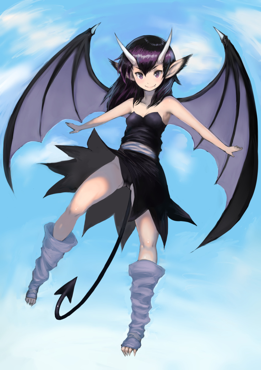 bare_arms bare_shoulders black_dress blue_sky breasts cameltoe cleavage climax_entertainment closed_mouth cloud day demon_girl demon_horns demon_tail demon_wings dress fang_out female flying friday_(landstalker) full_body hair_between_eyes highres horns johan_(johan13) landstalker:_koutei_no_zaihou leg_warmers long_hair oerba_yun_fang outdoors pointy_ears purple_eyes purple_hair purple_wings sharp_toenails sky small_breasts smile solo strapless strapless_dress tail toenails tsurime white_horns wings