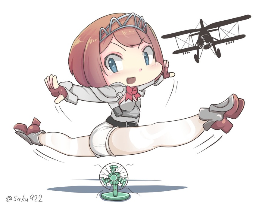 aircraft airplane ark_royal_(kancolle) biplane blue_eyes blunt_bangs bob_cut brown_gloves commentary_request electric_fan fairey_swordfish female fingerless_gloves full_body gloves hairband inverted_bob kantai_collection long_sleeves one-hour_drawing_challenge outstretched_arms pantyhose red_hair red_ribbon ribbon rudder_footwear sakusan_(ss-awesome) short_hair shorts simple_background solo split tiara twitter_username white_background white_pantyhose white_shorts