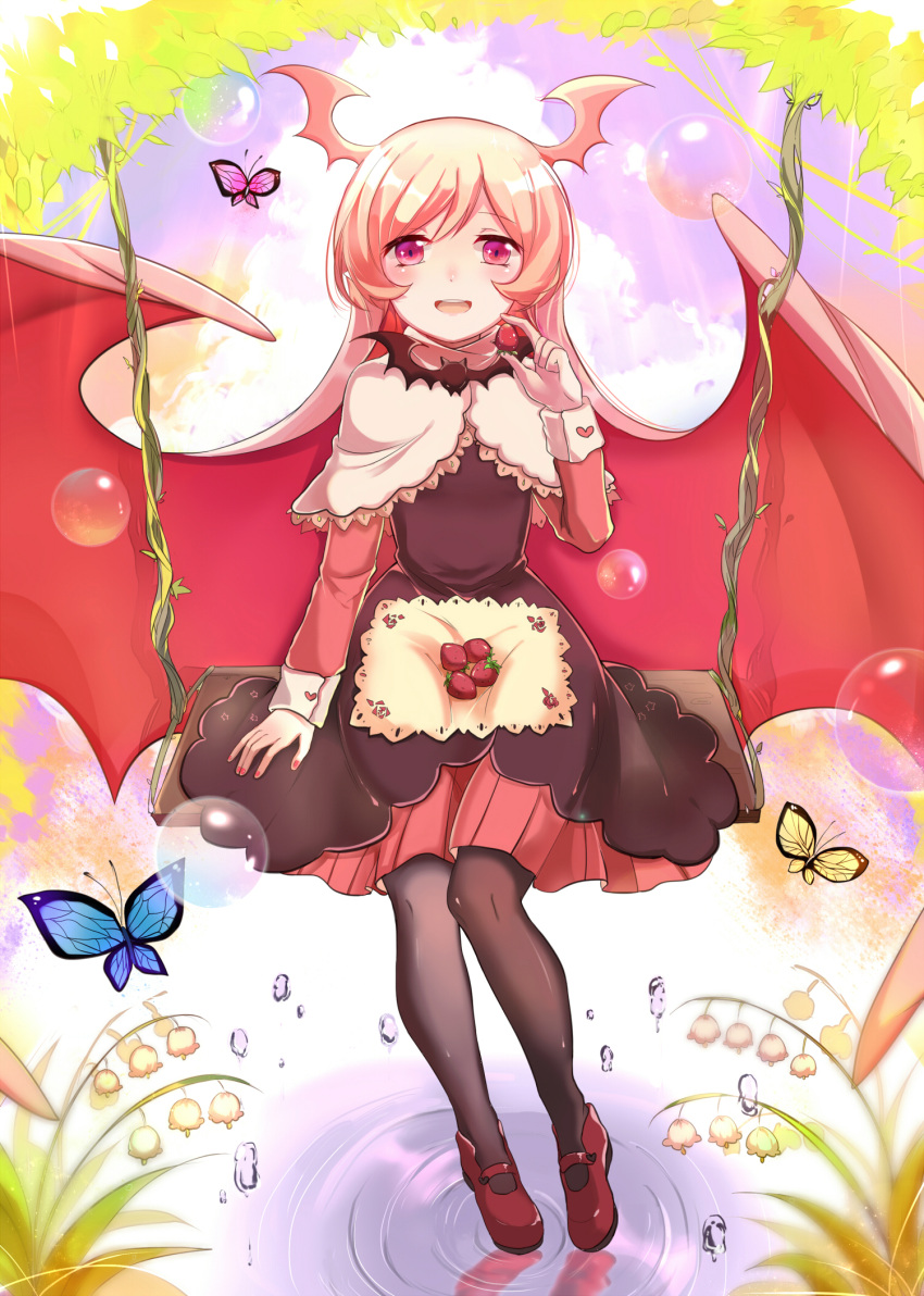 bat_wings black_dress black_legwear blush bubble bug butterfly demon_girl demon_horns demon_wings dress female flower food fruit funamusea haiiro_teien highres holding horns insects long_hair looking_at_viewer pink_hair raspbel red_eyes shoes sitting strawberry swing thighhighs wings xinghuo