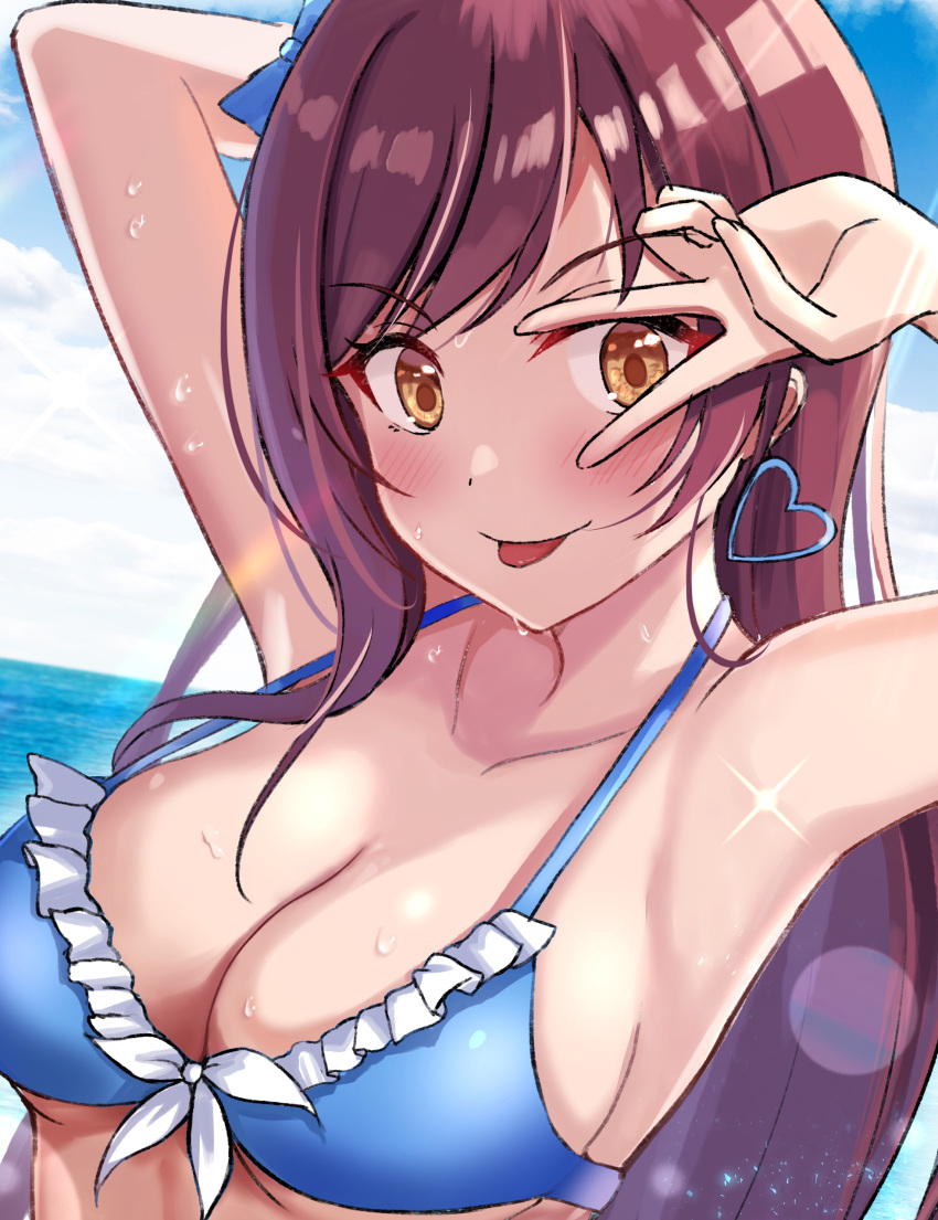 absurdres arm_behind_head armpits arms_up beach bikini blue_bikini blue_sky blush breasts cleavage closed_mouth cloud collarbone day earrings female frilled_bikini frills front-tie_bikini_top front-tie_top heart heart_earrings highres horizon idolmaster idolmaster_shiny_colors jewelry long_hair looking_at_viewer medium_breasts ocean okutomi_fumi osaki_amana outdoors red_hair sky smile solo swept_bangs swimsuit tongue tongue_out v water wet yellow_eyes