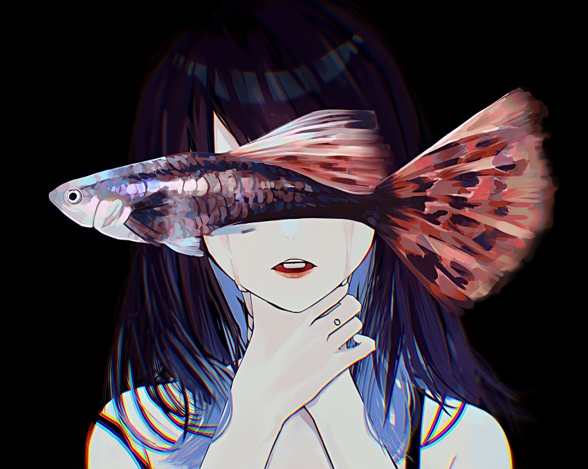 bad_id bad_pixiv_id black_background blurry chromatic_aberration colored_skin commentary_request covered_eyes crying dark_background donguri_hello facing_viewer female fish guppy_(fish) hands_on_own_neck hands_up highres long_hair original pale_skin parted_lips pill portrait purple_hair simple_background solo spaghetti_strap straight-on strap_slip streaming_tears tears teeth tongue upper_teeth_only white_skin