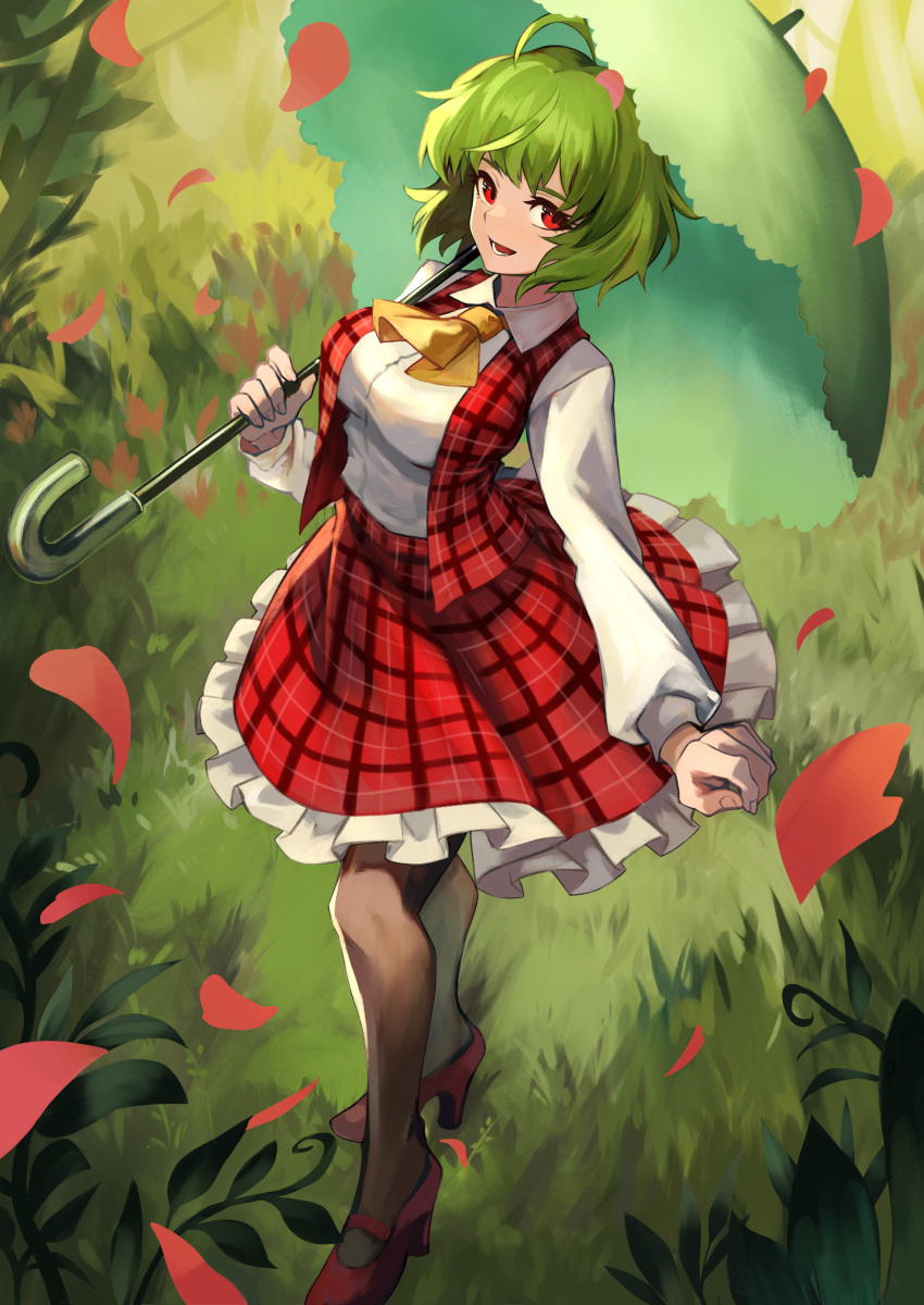 :d absurdres ascot breasts collared_shirt commentary_request female frilled_skirt frills full_body grass green_hair green_umbrella high_heels highres holding holding_umbrella kazami_yuuka large_breasts long_sleeves looking_at_viewer open_mouth outdoors pantyhose plaid plaid_skirt plaid_vest red_skirt red_vest shirt short_hair skirt smile solo standing teo_(telo_ruka) touhou umbrella vest white_shirt yellow_ascot