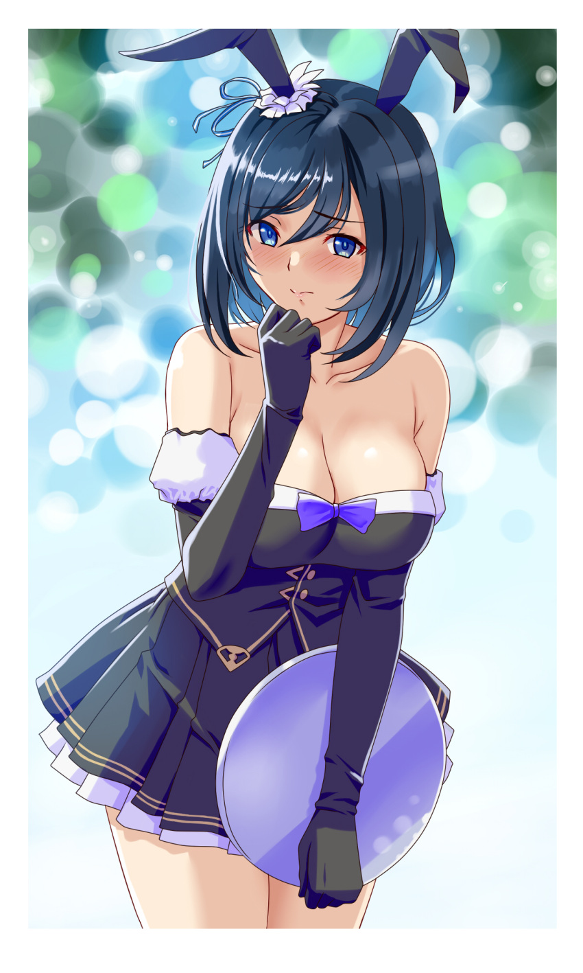 animal_ears bare_shoulders black_gloves black_hair blue_eyes blue_hair blurry blush bob_cut bokeh border bow breasts cleavage closed_mouth collarbone commentary cowboy_shot depth_of_field detached_sleeves eishin_flash_(umamusume) elbow_gloves fake_animal_ears female frilled_skirt frills gloves gold_trim hair_between_eyes hand_up highres holding holding_tray horse_ears horse_girl large_breasts looking_away medium_hair nontraditional_playboy_bunny purple_bow rabbit_ears shiny_skin shy skirt solo swept_bangs switch01 tray umamusume wavy_mouth white_border