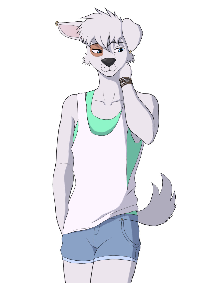 anthro blue_eyes bottomwear bracelet canid canine clothing denim denim_bottomwear denim_clothing ear_piercing fur hand_on_neck hi_res jeans jewelry male mammal pants piercing pushok qunteki shirt shy solo space_dogs tank_top topwear white_body white_fur