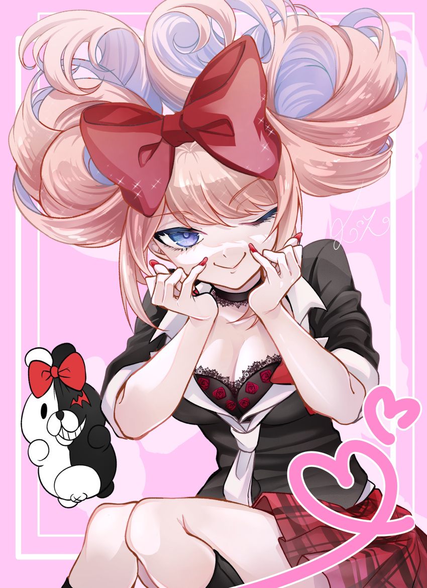 absurdres alternate_hairstyle black_bra black_shirt borrowed_hairstyle bow bra breasts cinnamiku_hairstyle cleavage danganronpa:_trigger_happy_havoc danganronpa_(series) enoshima_junko female grey_necktie hair_up hairbow heart highres kneehighs long_hair looking_at_viewer miniskirt monokuma murasaki_(deceive138) nail_polish necktie one_eye_closed pink_background pleated_skirt purple_eyes red_bow red_nails red_skirt shirt skirt smile socks tied_ears underwear updo