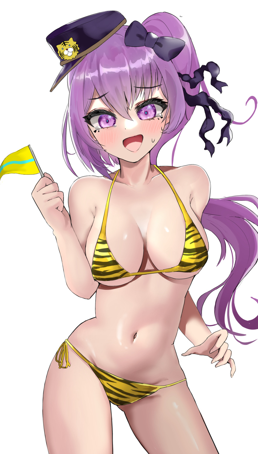 absurdres amy_(shadowverse) animal_print bikini blush bow breasts cleavage collarbone commentary_request cowboy_shot embarrassed facial_mark female fingernails flag hair_between_eyes hairbow hand_up hat highres holding holding_flag large_breasts long_hair looking_at_viewer mini_flag mini_hat mochini navel open_mouth peaked_cap purple_eyes purple_hair shadowverse side-tie_bikini_bottom side_ponytail sidelocks simple_background solo stomach sweat swimsuit tears thick_eyelashes tiger_print white_background