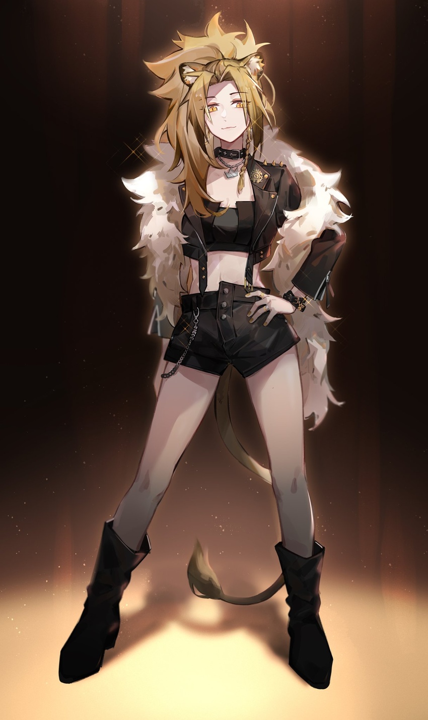 animal_ears arknights black_choker black_footwear black_jacket black_shorts blonde_hair boots brown_eyes choker closed_mouth commentary earrings english_commentary female full_body gemi_25 hand_on_own_hip highres hoop_earrings jacket jewelry knee_boots lion_ears lion_girl lion_tail long_hair looking_at_viewer nail_polish shorts siege_(arknights) smile solo sparkle standing tail thighhighs yellow_nails