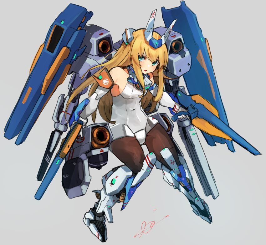 aqua_eyes baselard black_pantyhose blonde_hair breasts doll_joints female frame_arms_girl full_body grey_background hair_between_eyes highres holding holding_weapon joints leotard long_hair mecha_musume pantyhose parted_lips signature simple_background small_breasts solo sunday_aki very_long_hair weapon white_leotard