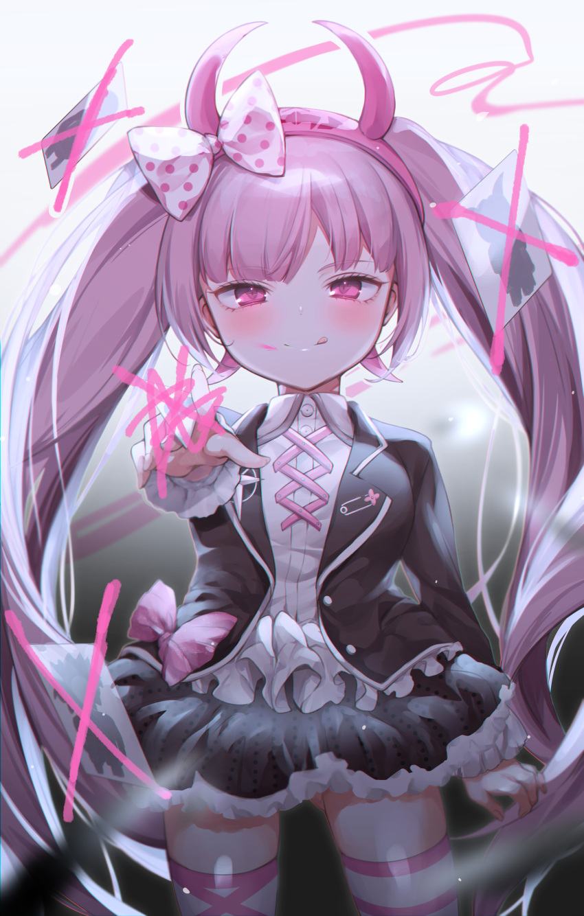 absurdres ahoge bad_id bad_pixiv_id black_jacket blush bow closed_mouth collared_shirt commentary cowboy_shot danganronpa_(series) danganronpa_another_episode:_ultra_despair_girls dress fake_horns female frilled_skirt frills hairband hairbow highres horns jacket long_hair long_sleeves looking_at_viewer miniskirt open_clothes open_jacket pink_bow pink_eyes pink_hair pleated_skirt polka_dot polka_dot_bow shirt skirt smile solo striped_clothes striped_thighhighs thighhighs tongue tongue_out twintails usanta utsugi_kotoko very_long_hair white_shirt zettai_ryouiki