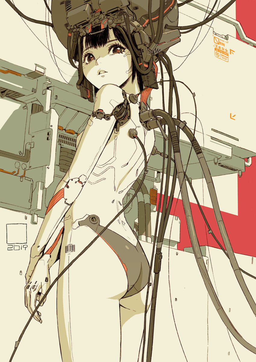 android barcode black_hair cable commentary_request cyberpunk cyborg female headgear highres joints looking_back muted_color original red_ace robot_joints science_fiction short_hair standing subdermal_port