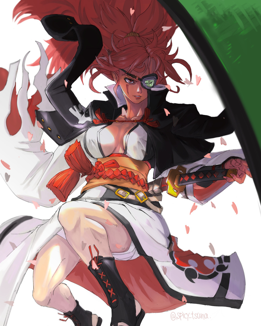 absurdres baiken bandages big_hair boots breasts cherry_blossoms cleavage eyepatch facial_mark feet_out_of_frame female fighting_stance fingerless_gloves floating_hair floor gloves guilty_gear guilty_gear_strive highres japanese_clothes kimono large_breasts long_hair looking_at_viewer pink_eyes pink_hair ponytail rope_belt samurai sandals scar scar_across_eye serious sheath sheathed signature sword thighs tsuna_(akmu8832) weapon