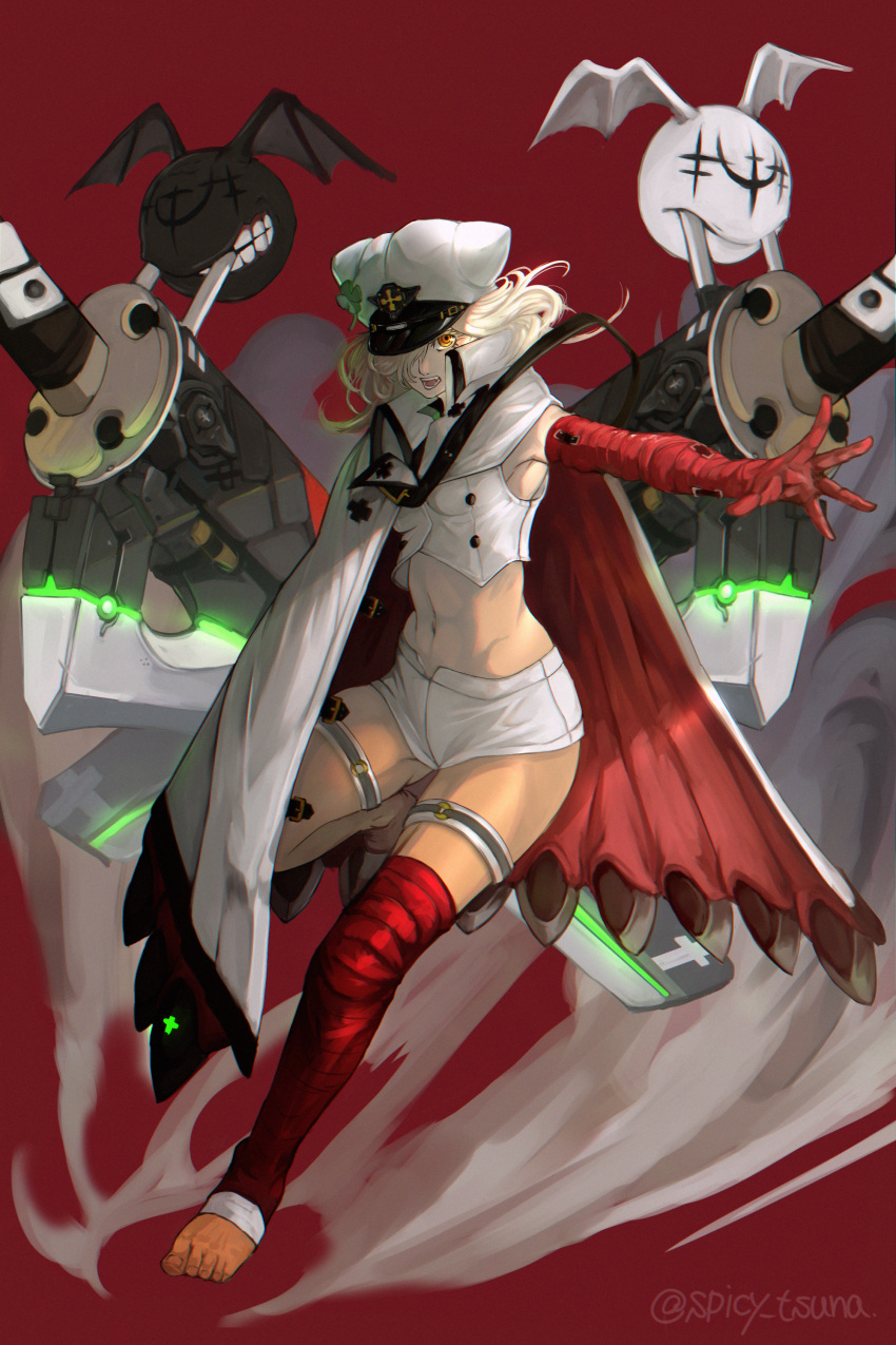 absurdres arm_up bandages barefoot belt clover coat collared_coat dark-skinned_female dark_skin eyelashes feet feet_up female four-leaf_clover full_body guilty_gear guilty_gear_strive hair_between_eyes hat high_collar highres leg_wrap long_hair looking_at_viewer lucifero_(guilty_gear) midriff open_mouth orange_eyes parted_lips pink_nails platinum_blonde_hair ramlethal_valentine red_background red_bandage short_shorts shorts signature simple_background soles solo teeth thigh_strap toenails toes tsuna_(akmu8832) white_coat white_hat yellow_eyes