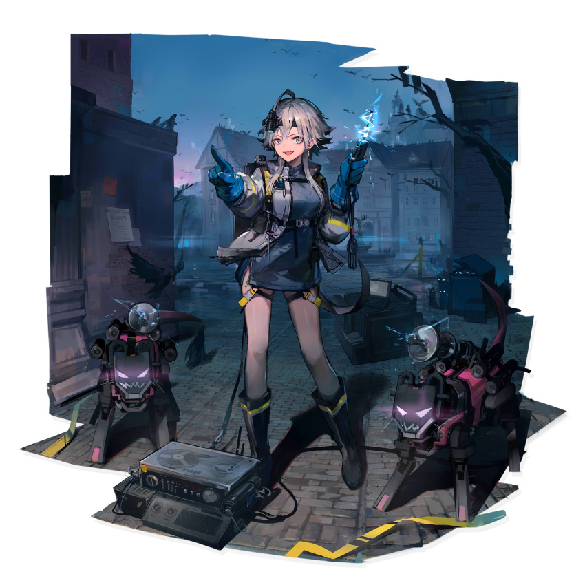 :d arknights black_footwear blue_gloves boots female full_body gloves grey_eyes grey_hair grey_jacket grey_shirt hand_up highres holding huanxiang_heitu jacket long_sleeves looking_at_viewer mayer_(arknights) mayer_(visionblazer_in_the_courtyard)_(arknights) official_alternate_costume official_art open_clothes open_jacket open_mouth pointing robot shadow shirt short_hair_with_long_locks smile solo standing thighs transparent_background