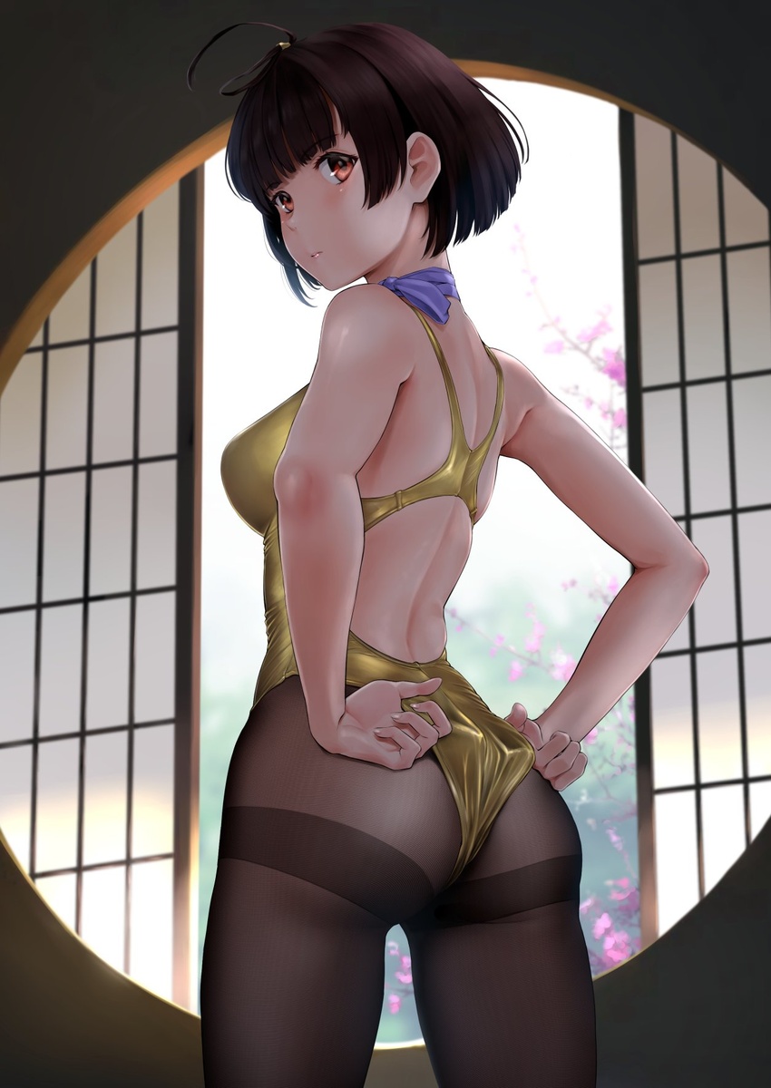 adjusting_clothes adjusting_swimsuit ahoge ass black_pantyhose breasts brown_eyes brown_hair competition_swimsuit cowboy_shot female from_behind gold_one-piece_swimsuit highres koutetsujou_no_kabaneri looking_at_viewer looking_back mumei_(kabaneri) one-piece_swimsuit pantyhose pantyhose_under_swimsuit short_hair solo standing swimsuit thighband_pantyhose wa_(genryusui) window