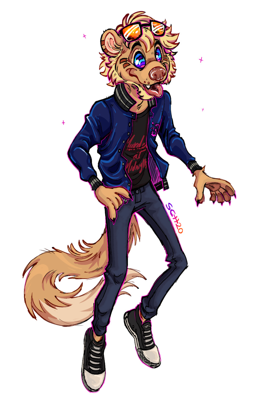 anthro beard blonde_hair brown_body brown_fur brown_nose clothed clothing eyewear facial_hair facial_markings fully_clothed fur hair head_markings herpestid hi_res hypnosis male mammal markings mind_control mongoose seth_häser solo sunglasses supercrazyhyena synthwave tongue