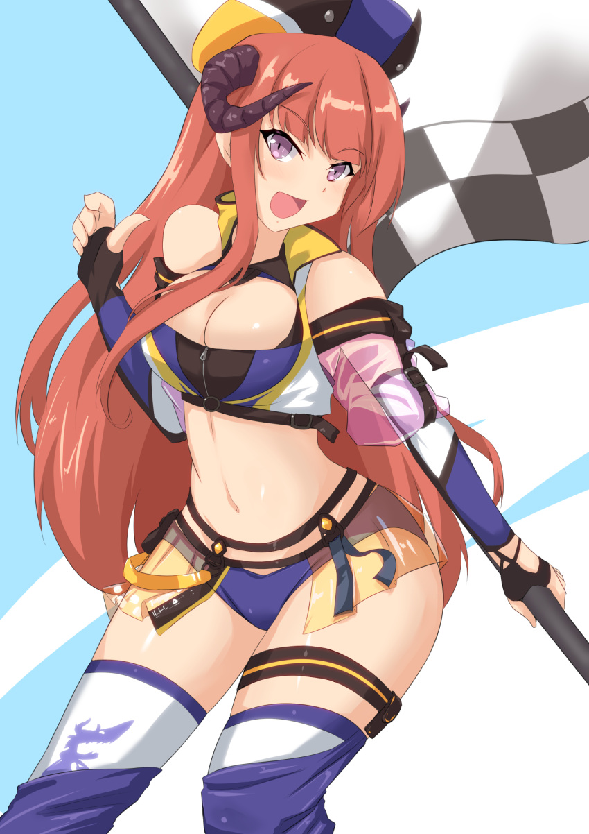 :d arknights arms_up bagpipe_(arknights) bagpipe_(queen_no._1)_(arknights) bare_shoulders black_gloves blue_background blue_eyes blue_shorts breasts cleavage clothing_cutout commentary_request cowboy_shot crop_top detached_collar elbow_gloves female fingerless_gloves flag gloves highres holding holding_flag horns large_breasts long_hair midriff miniskirt multicolored_background multicolored_clothes multicolored_legwear navel official_alternate_costume open_mouth orange_hair purple_legwear race_queen sangue_llia short_shorts shorts shoulder_cutout showgirl_skirt skirt smile solo standing stomach thighs weapon white_background white_legwear zipper