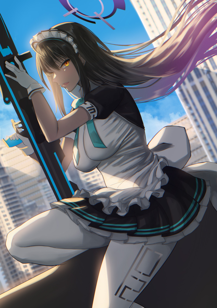 akai_kagerou apron balcony black_hair black_skirt blue_archive blue_bow blue_bowtie blurry blurry_background bow bowtie boys_anti_tank_rifle breasts building city dark-skinned_female dark_skin female foot_out_of_frame frilled_apron frilled_skirt frills from_side gloves gradient_hair gun halo highres holding holding_gun holding_weapon karin_(blue_archive) large_breasts long_hair looking_at_viewer maid maid_apron maid_headdress multicolored_hair outdoors parted_lips puffy_short_sleeves puffy_sleeves purple_hair rifle short_sleeves skirt sky skyscraper solo weapon white_gloves white_legwear wind yellow_eyes