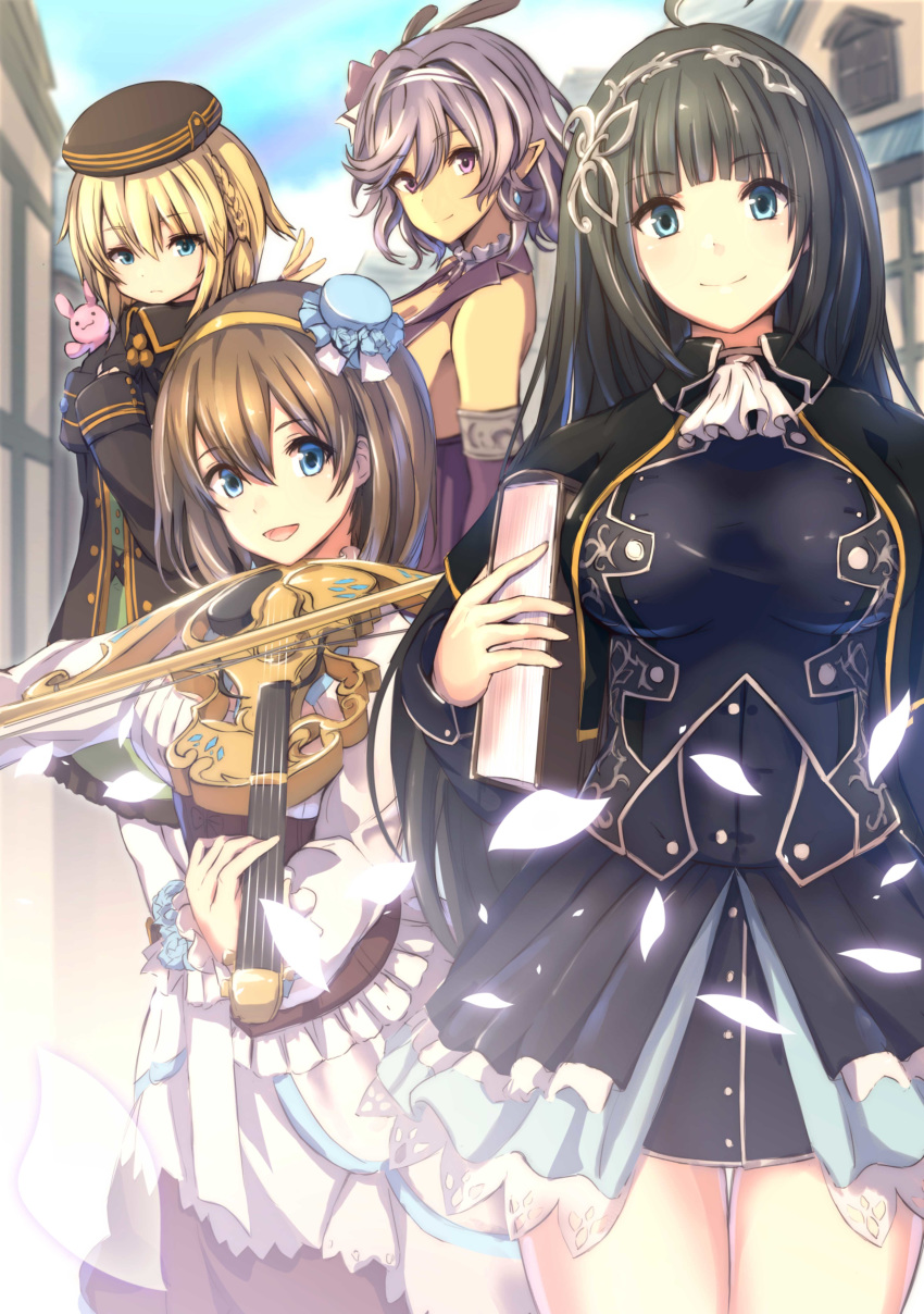 4girls :d absurdres ahoge ascot bad_id bare_shoulders black_cape black_coat black_hair blonde_hair blue_eyes blunt_bangs book bow_(music) braid breasts brown_hair cape character_request cityscape closed_mouth coat cover_image dark-skinned_female dark_skin dress earrings elbow_gloves eyes_visible_through_hair faris_mendelssohn french_braid frills girls_symphony gloves hair_between_eyes hair_intakes hairband hat highres holding holding_book holding_instrument holding_violin instrument jewelry large_breasts long_dress long_hair long_sleeves looking_at_viewer manano_manamana medium_breasts mini_hat multiple_girls novel_illustration official_art open_mouth overskirt petals pointy_ears purple_eyes purple_hair short_hair sidelocks sleeveless sleeves_past_wrists small_breasts smile stuffed_animal stuffed_rabbit stuffed_toy tiara valnbone_(girls_symphony) very_long_hair violin white_ascot white_dress