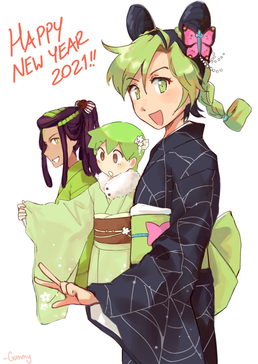 2021 3girls alternate_costume black_hair braid braided_bun braided_ponytail butterfly_hair_ornament commentary double_bun dreadlocks ermes_costello foo_fighters_(jojo) fur-trimmed_kimono fur_trim green_eyes green_hair gummy_(puffaluficus) hair_bun hair_ornament hair_up happy_new_year highres japanese_clothes jojo_no_kimyou_na_bouken kimono kujo_jolyne multicolored_hair multiple_girls new_year obi ponytail sash short_hair spider_web_print stone_ocean two-tone_hair yellow_eyes