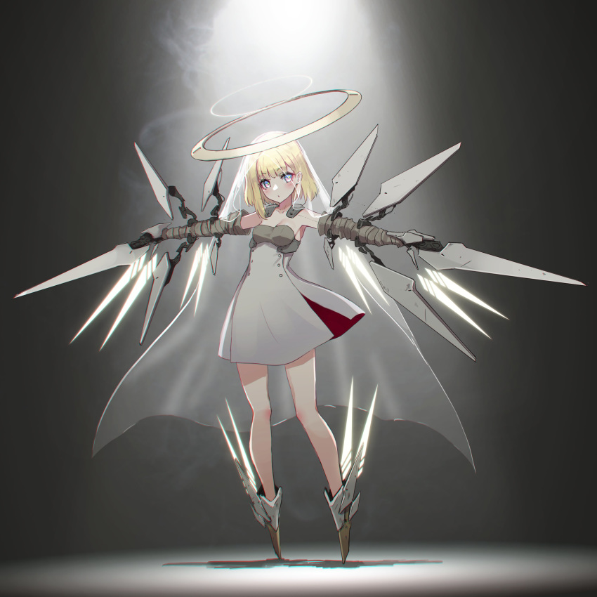 :o absurdres bandaged_arm bandages blade blonde_hair blue_eyes breasts dress female halo highres looking_to_the_side mecha_musume medium_hair oota_youjo original small_breasts solo weapon white_dress