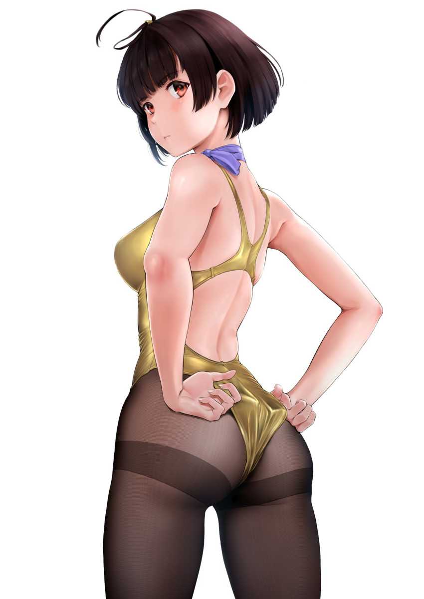 adjusting_clothes adjusting_swimsuit ahoge ass black_pantyhose breasts brown_eyes brown_hair commentary_request commission competition_swimsuit cowboy_shot female from_behind gold_one-piece_swimsuit highres koutetsujou_no_kabaneri looking_at_viewer looking_back mumei_(kabaneri) one-piece_swimsuit pantyhose pantyhose_under_swimsuit short_hair simple_background solo standing swimsuit thighband_pantyhose wa_(genryusui) white_background