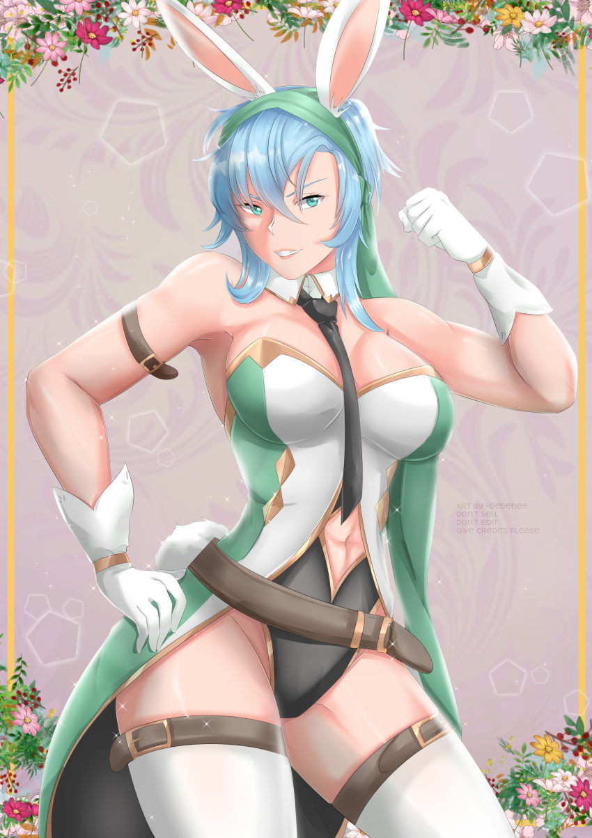 absurdres animal_ears belt biceps blue_eyes blue_hair breasts echidna_(fire_emblem) female fire_emblem fire_emblem:_the_binding_blade flexing gloves grey_hair grin hair_between_eyes highres necktie playboy_bunny pose rabbit_ears rinku_bny smile solo thighs tomboy