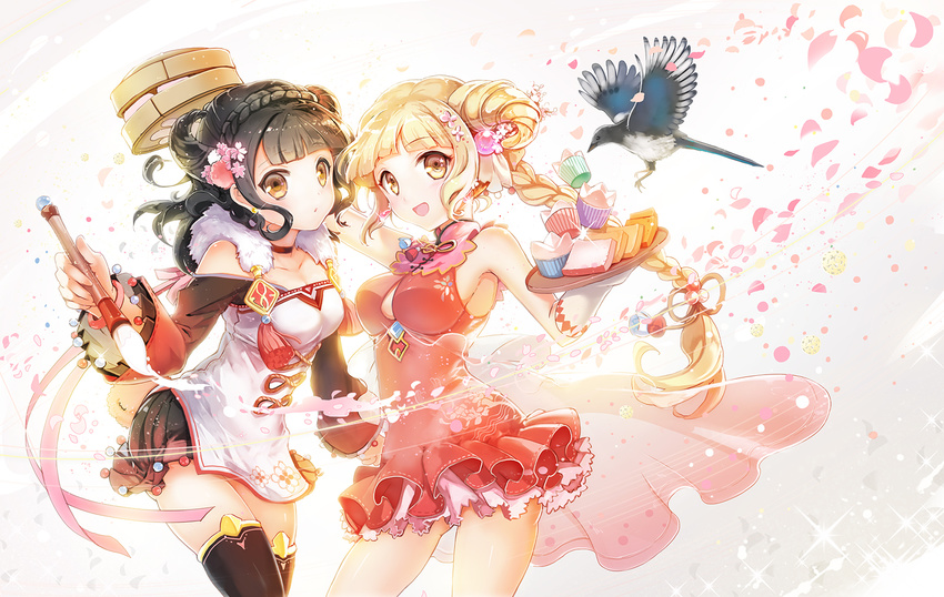 2girls bamboo_steamer bird black_hair blonde_hair braid bread calligraphy_brush chinese_clothes commentary_request cupcake dual_wielding food highres holding holding_brush lolita_fashion long_hair looking_at_viewer magpie multiple_girls original paintbrush photoshop_(medium) qi_lolita sibyl single_braid smile tray yellow_eyes