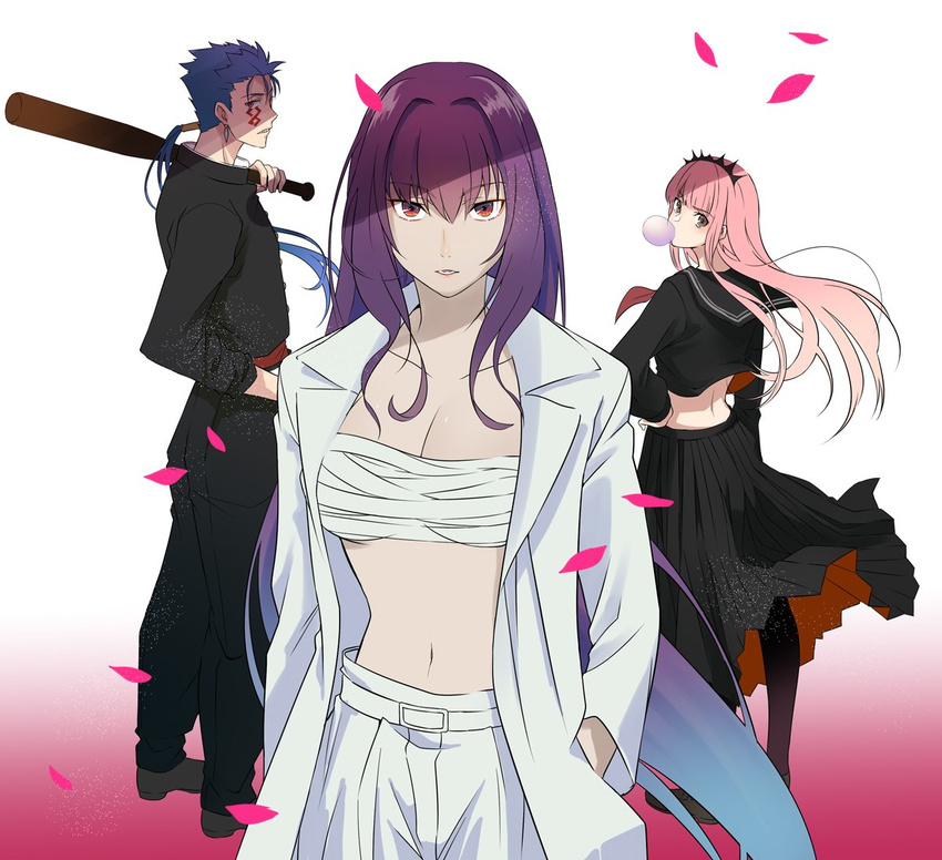 1boy 2girls banchou blue_hair chewing_gum cu_chulainn_(fate) cu_chulainn_alter_(fate) delinquent fate/grand_order fate_(series) full_body gae_bolg_(fate) hinatsu holding holding_weapon long_hair looking_at_viewer medb_(fate) midriff multiple_girls navel pantyhose pink_hair polearm purple_hair red_eyes sarashi scathach_(fate) school_uniform serafuku short_hair spear tattoo weapon