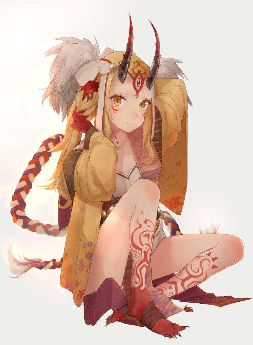 blonde_hair fate/grand_order fate_(series) female fixing_hair horns ibaraki_douji_(fate/grand_order) japanese_clothes kimono legs long_hair looking_at_viewer monster_girl oni simple_background sitting slit_pupils tattoo toenails white_background yellow_eyes