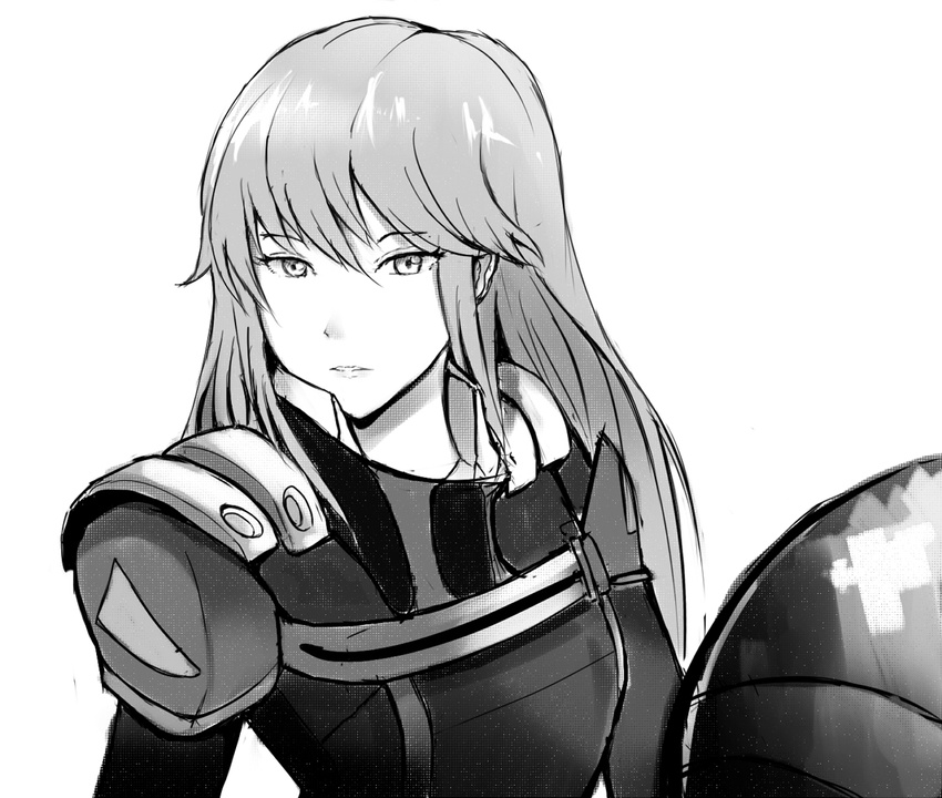 bodysuit commentary_request female greyscale kugimiya_kei long_hair majestic_prince monochrome solo xip3