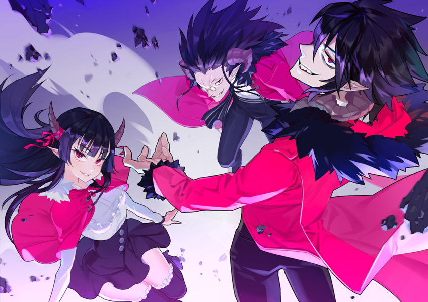 2boys black_hair commentary_request copyright_request debris female fur_trim glasses horns mask_alice multiple_boys pointy_ears purple_eyes ribbon skirt thighhighs