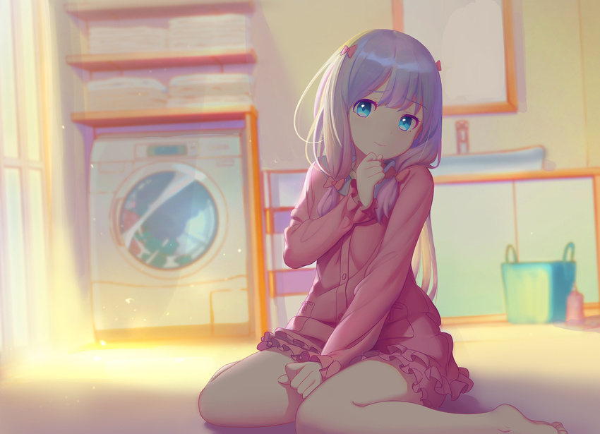 barefoot blue_eyes blue_hair bow commentary eromanga_sensei female hairbow highres izumi_sagiri long_hair long_sleeves looking_to_the_side pajamas pink_bow sitting solo trudog wariza washing_machine